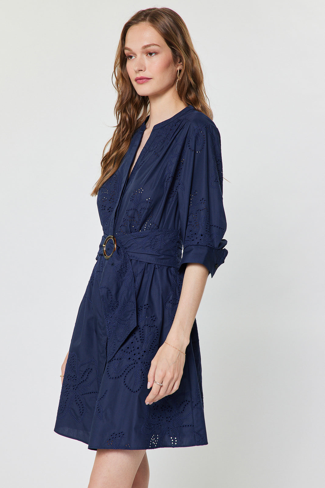 Eyelet Split Neck Belted Mini Dress
