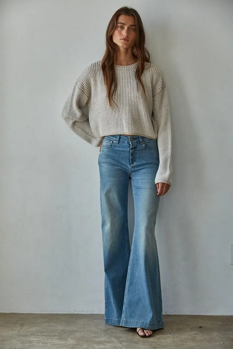 Knit Ribbed Crew Neck Pullover Sweater