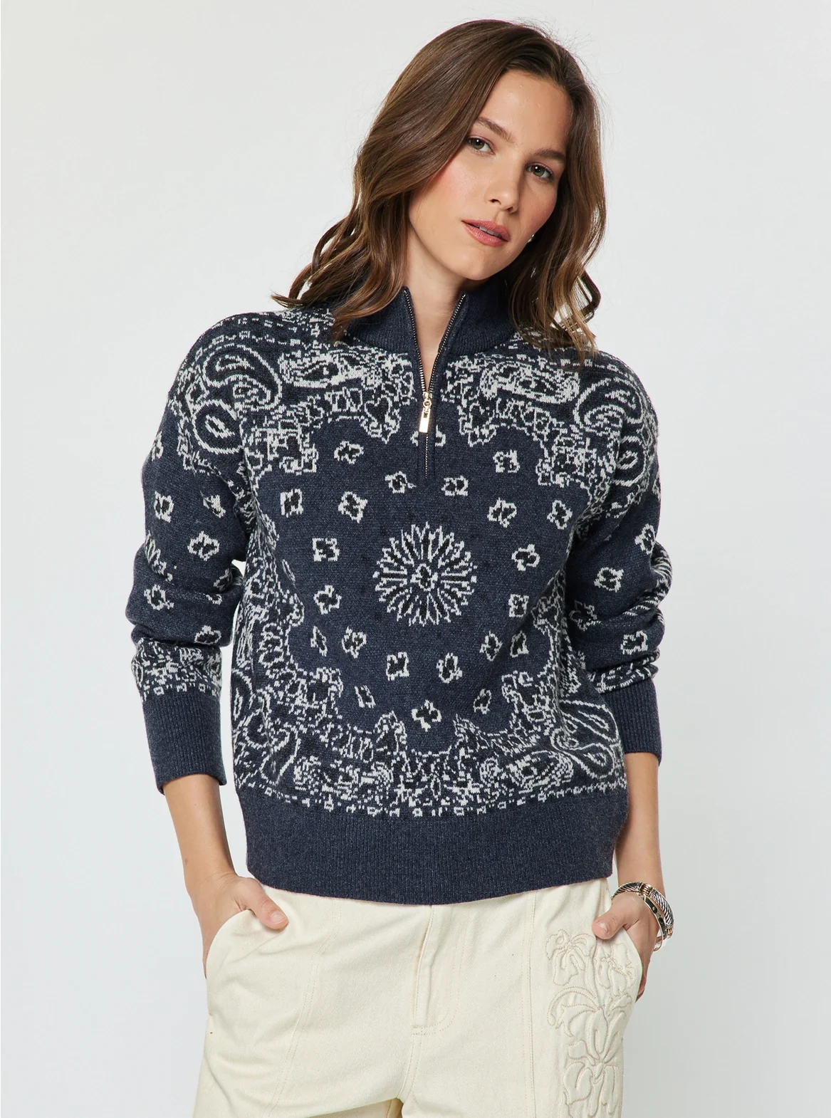 Jacquard Pattern Half Zip Sweater