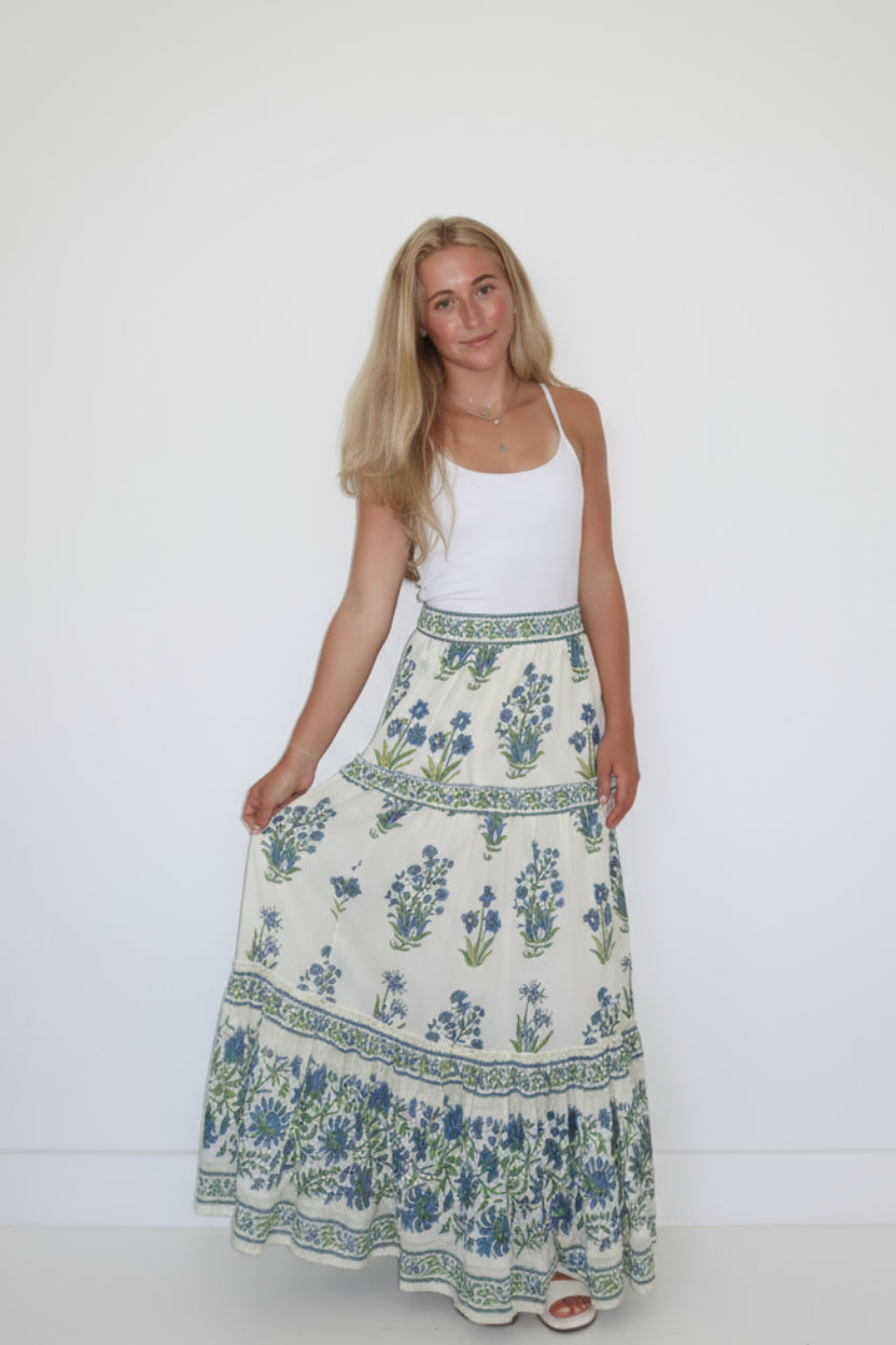 Drue Tiered Skirt in Blue Bloom