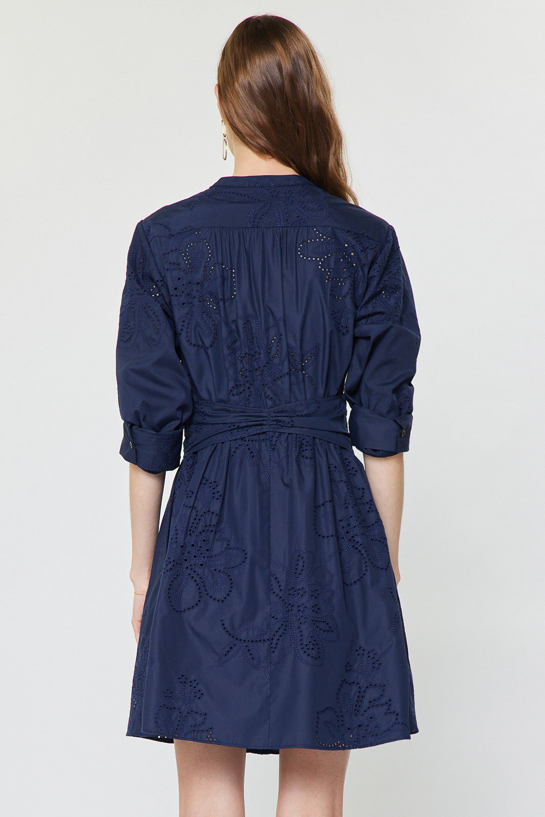 Eyelet Split Neck Belted Mini Dress