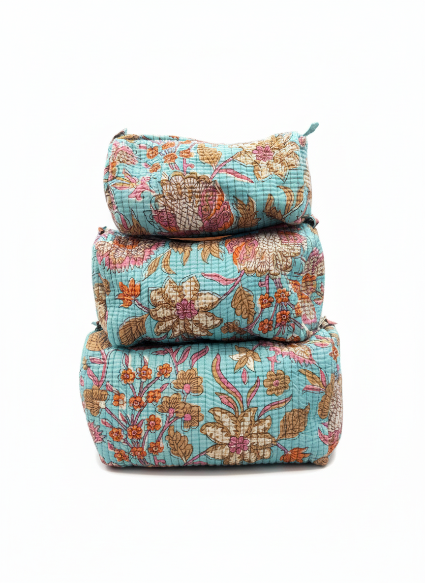 Grace Print Quilted Cosmetic Bag, Turquoise (Medium)