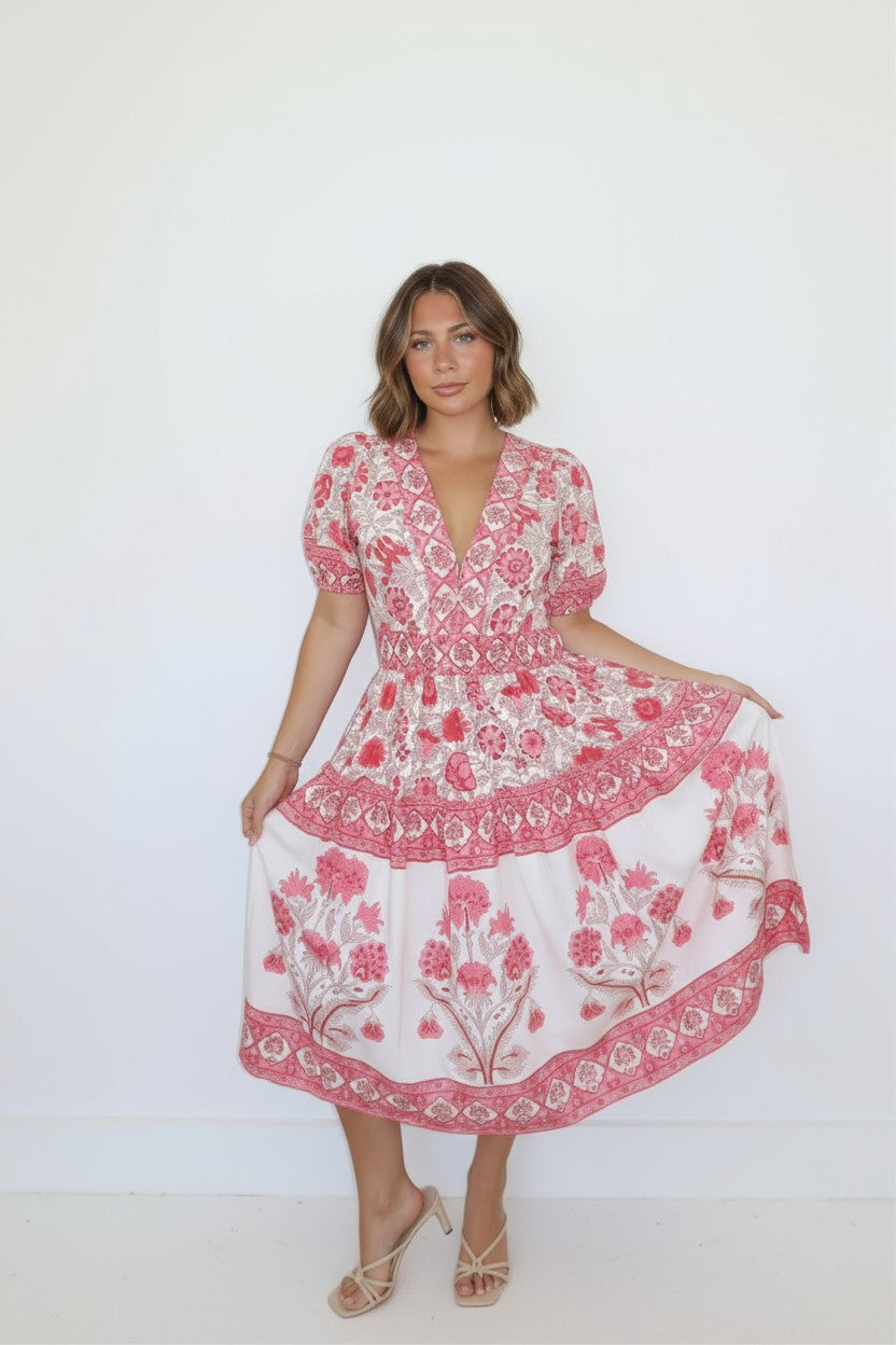 Birdy Midi Dress in Peacock Pink