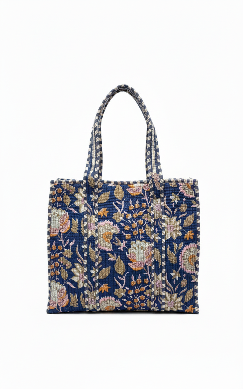Grace Print Quilted Zipper Tote, Navy (Medium)