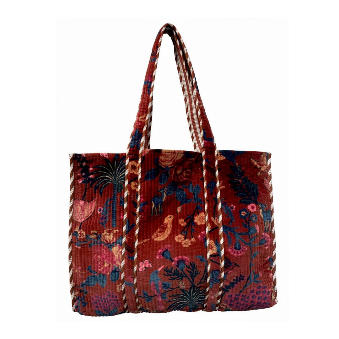 XL Velvet Tote in Palms & Roses, Red