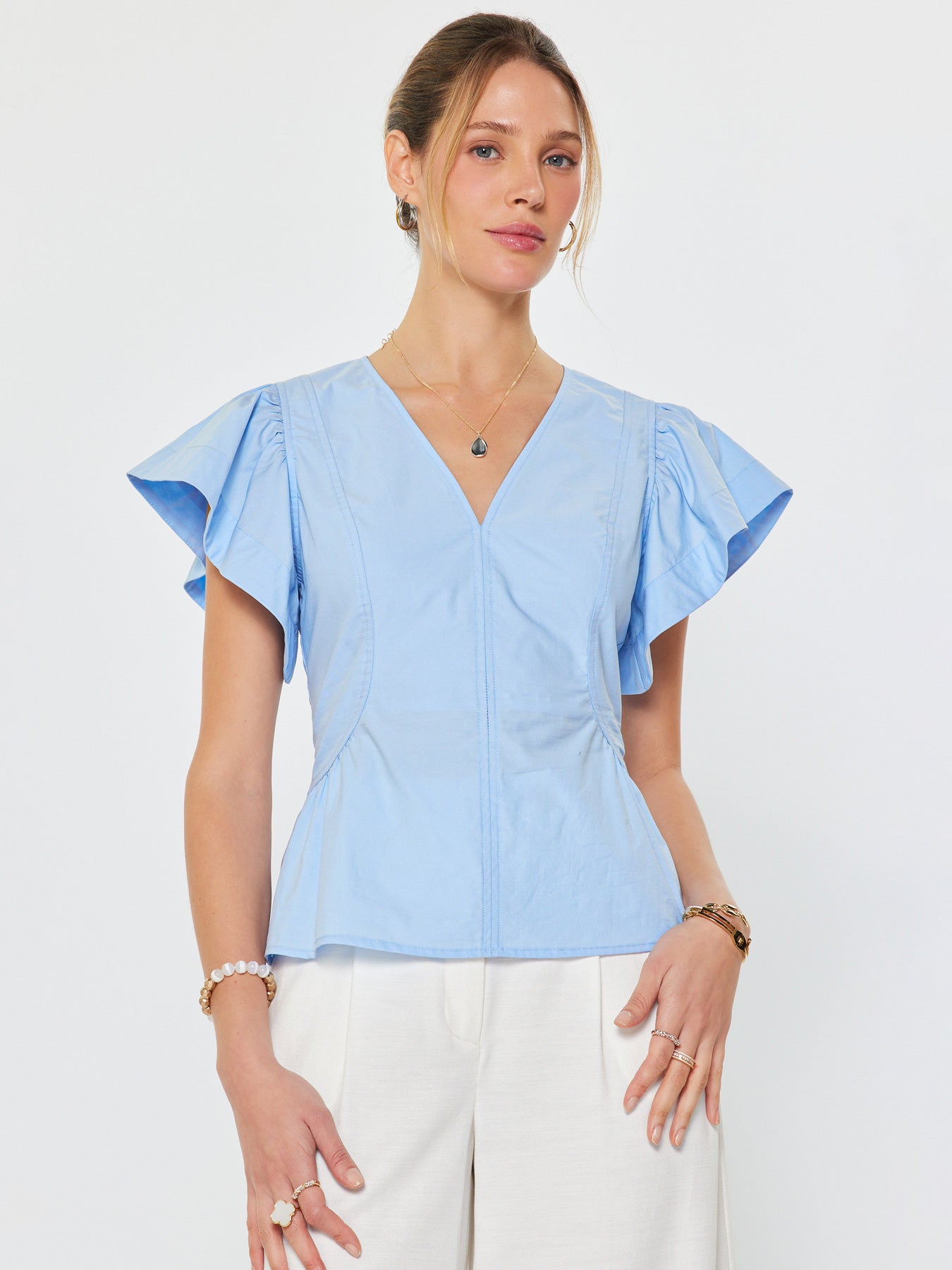 Short Sleeve V Neck Back Zipper Blouse
