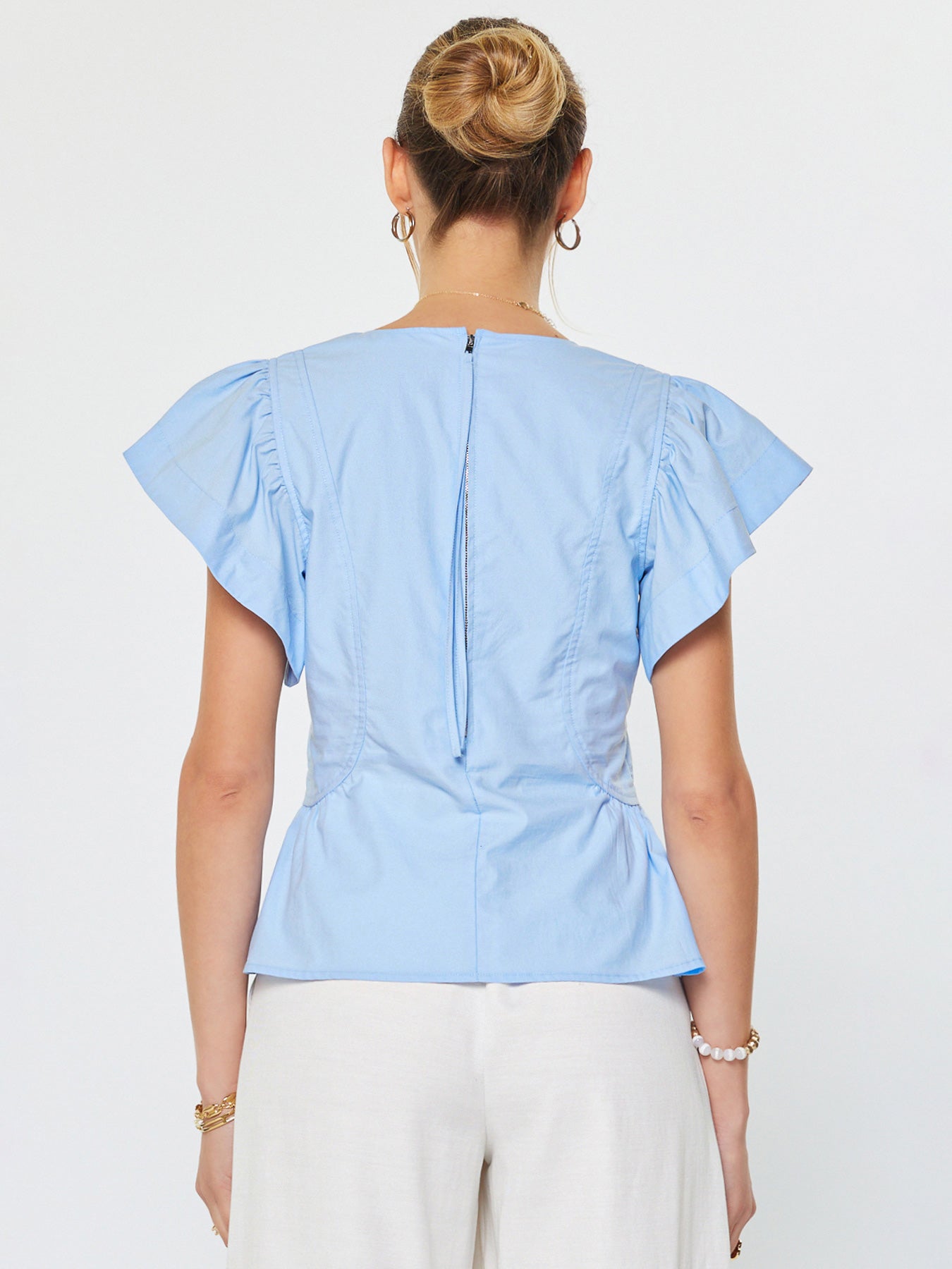 Short Sleeve V Neck Back Zipper Blouse