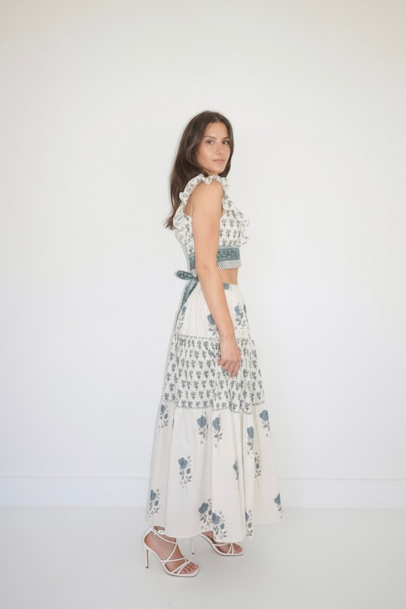 Drue Tiered Skirt in Mystic Blue Rose