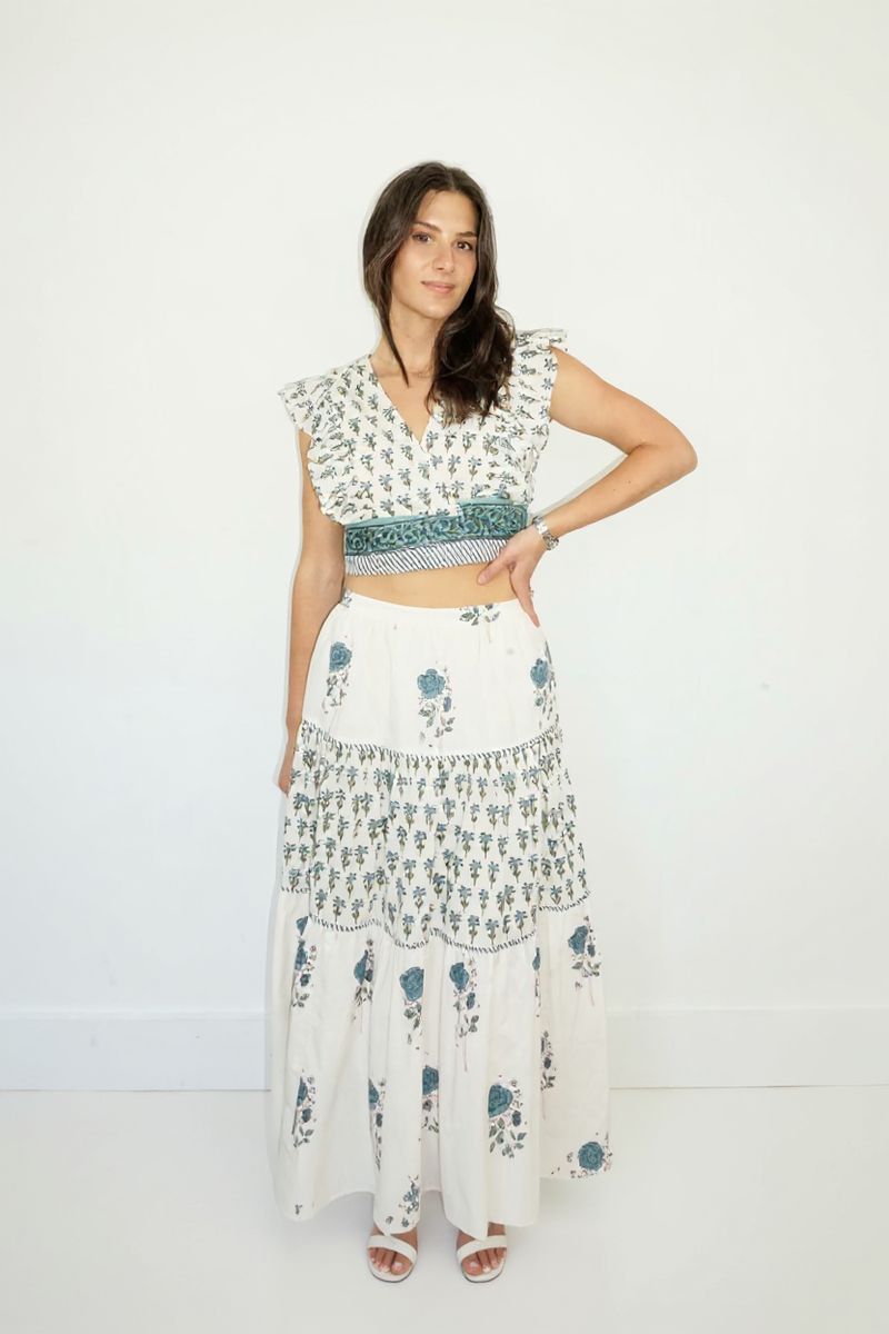 Drue Tiered Skirt in Mystic Blue Rose
