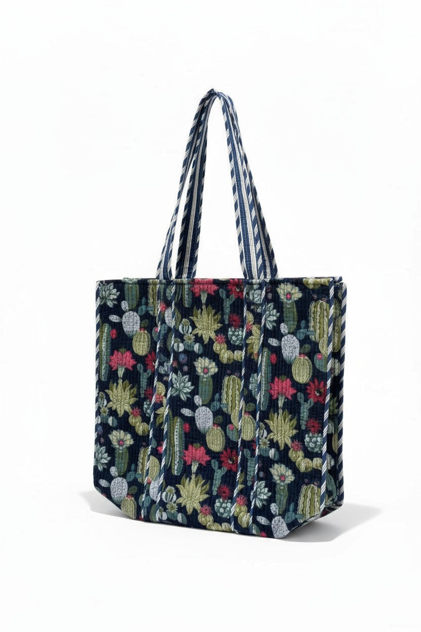 XL Velvet Tote in Cacti - Navy