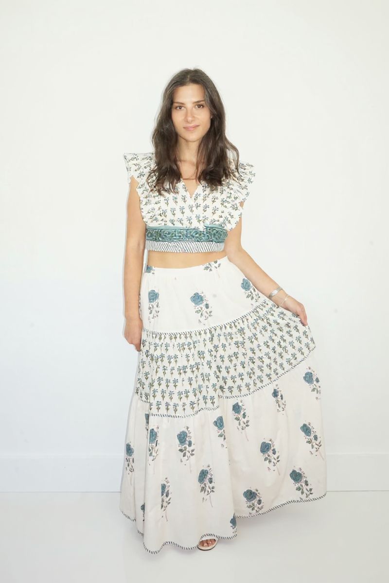 Drue Tiered Skirt in Mystic Blue Rose