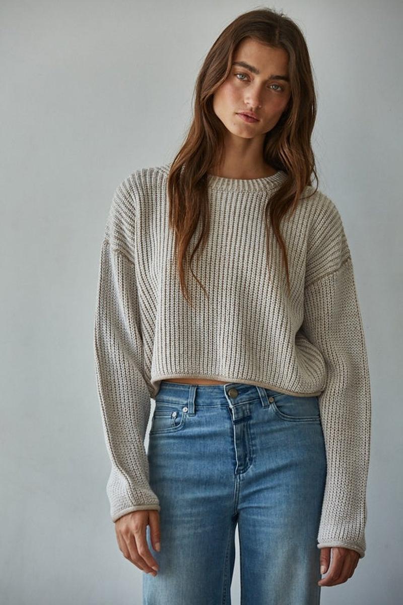 Knit Ribbed Crew Neck Pullover Sweater