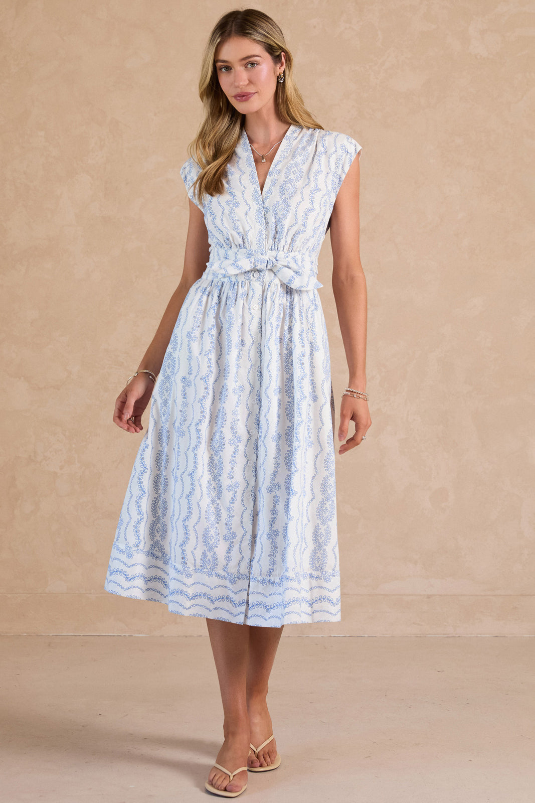 Cap Sleeve V Neck Button Down Midi Dress