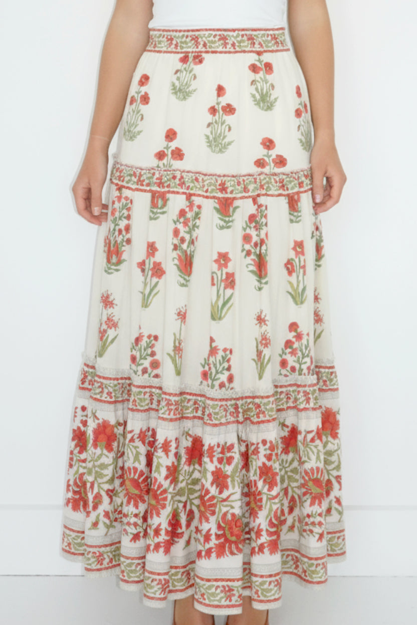 Drue Tiered Skirt in Red Bloom
