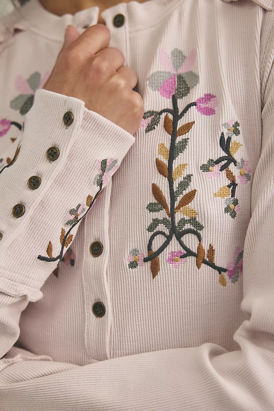 Fleur Embroidered Cuff Henley