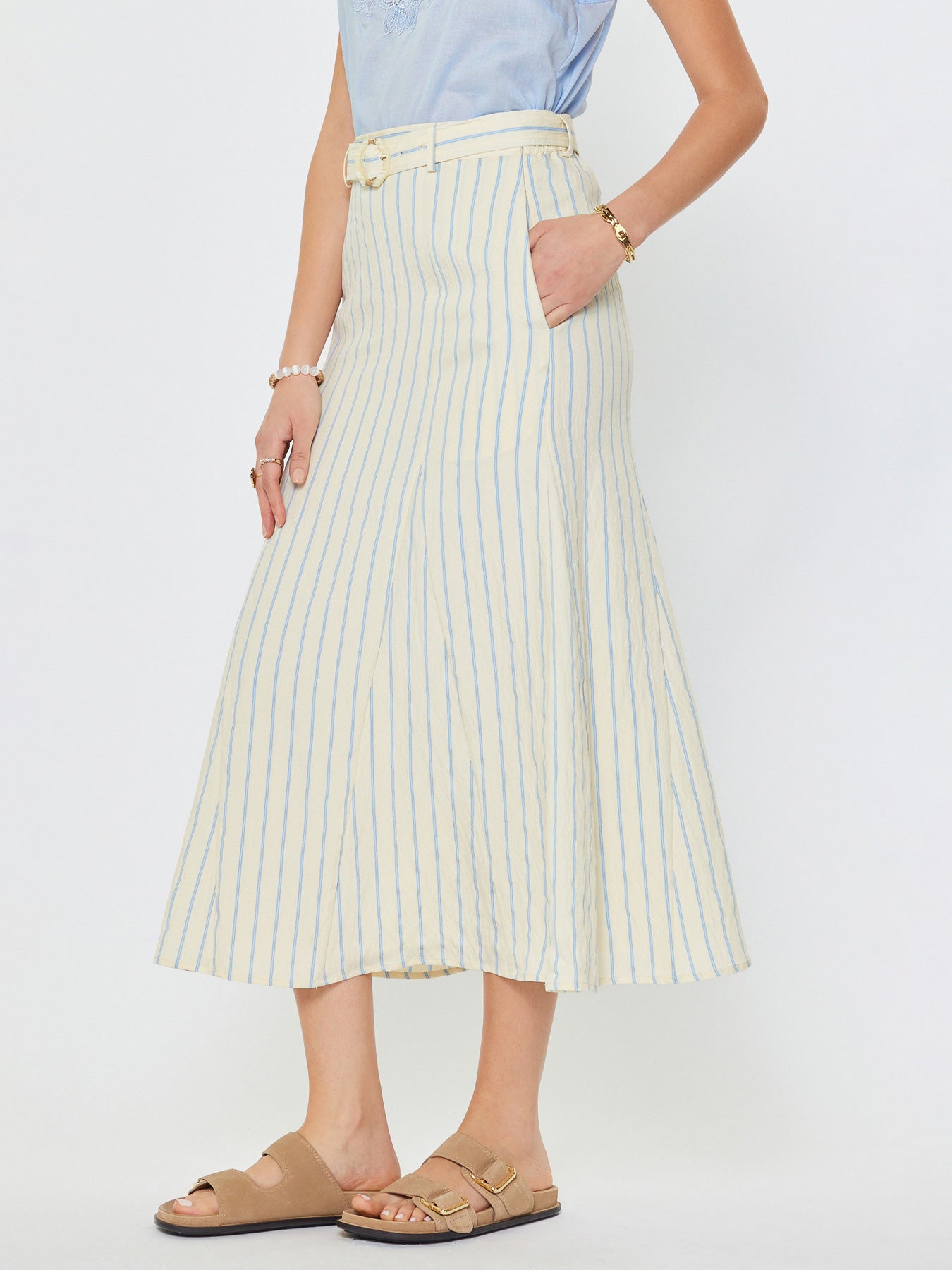 Striped Godet Midi Skirt