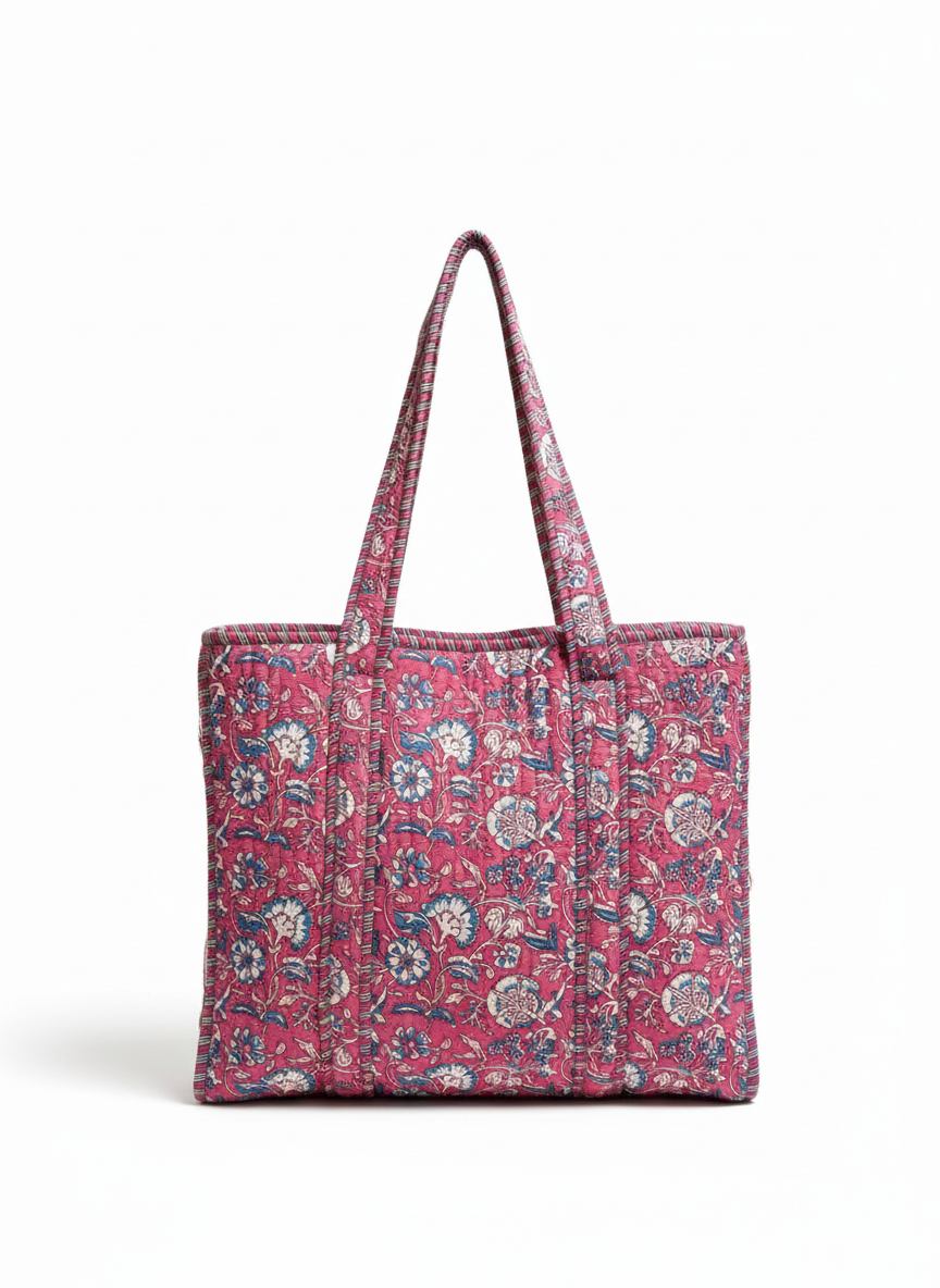 Quilted Cotton Zipper Tote, Pink & Blue Bloom