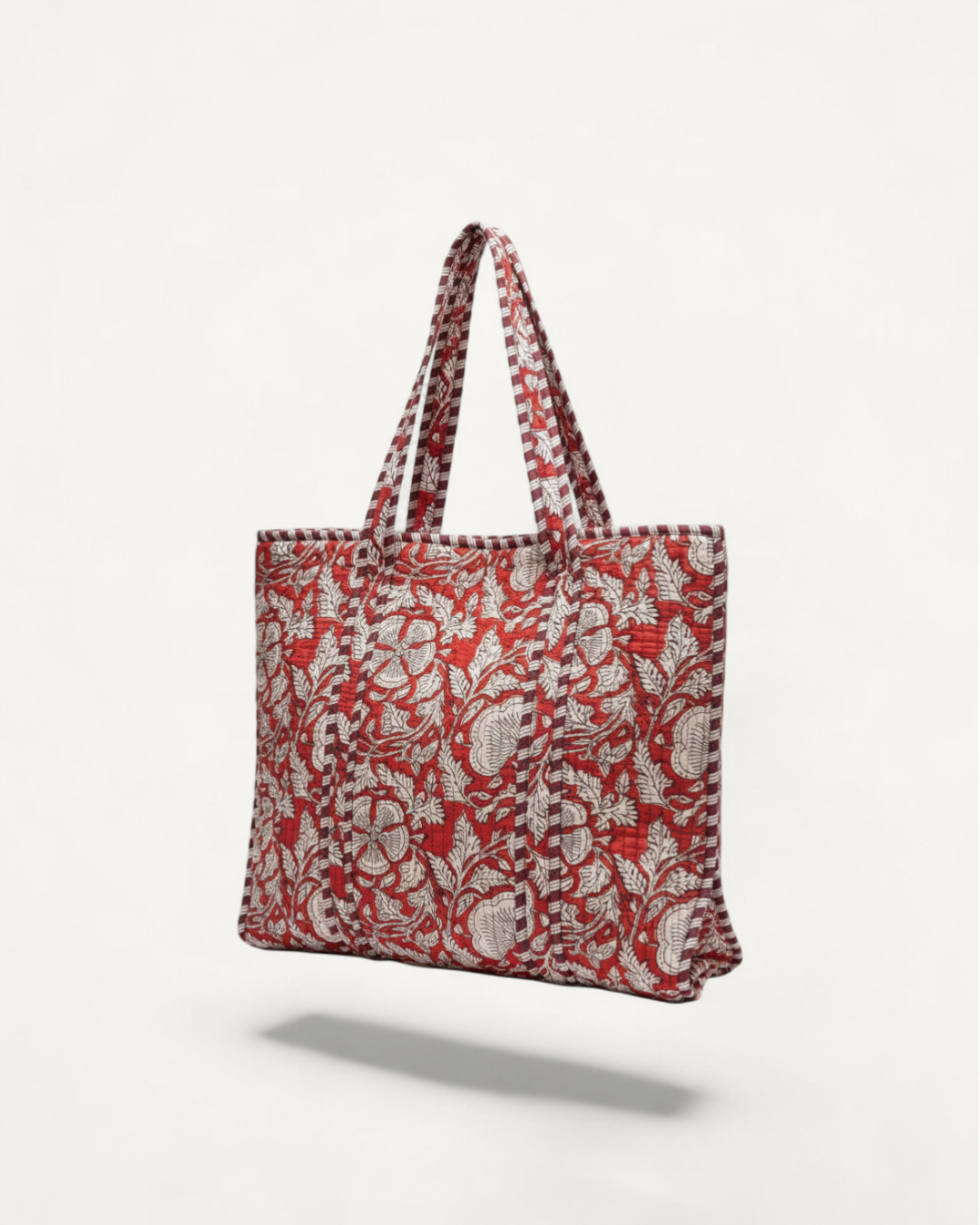 Quilted Cotton Zipper Tote, Red & Maroon Bloom