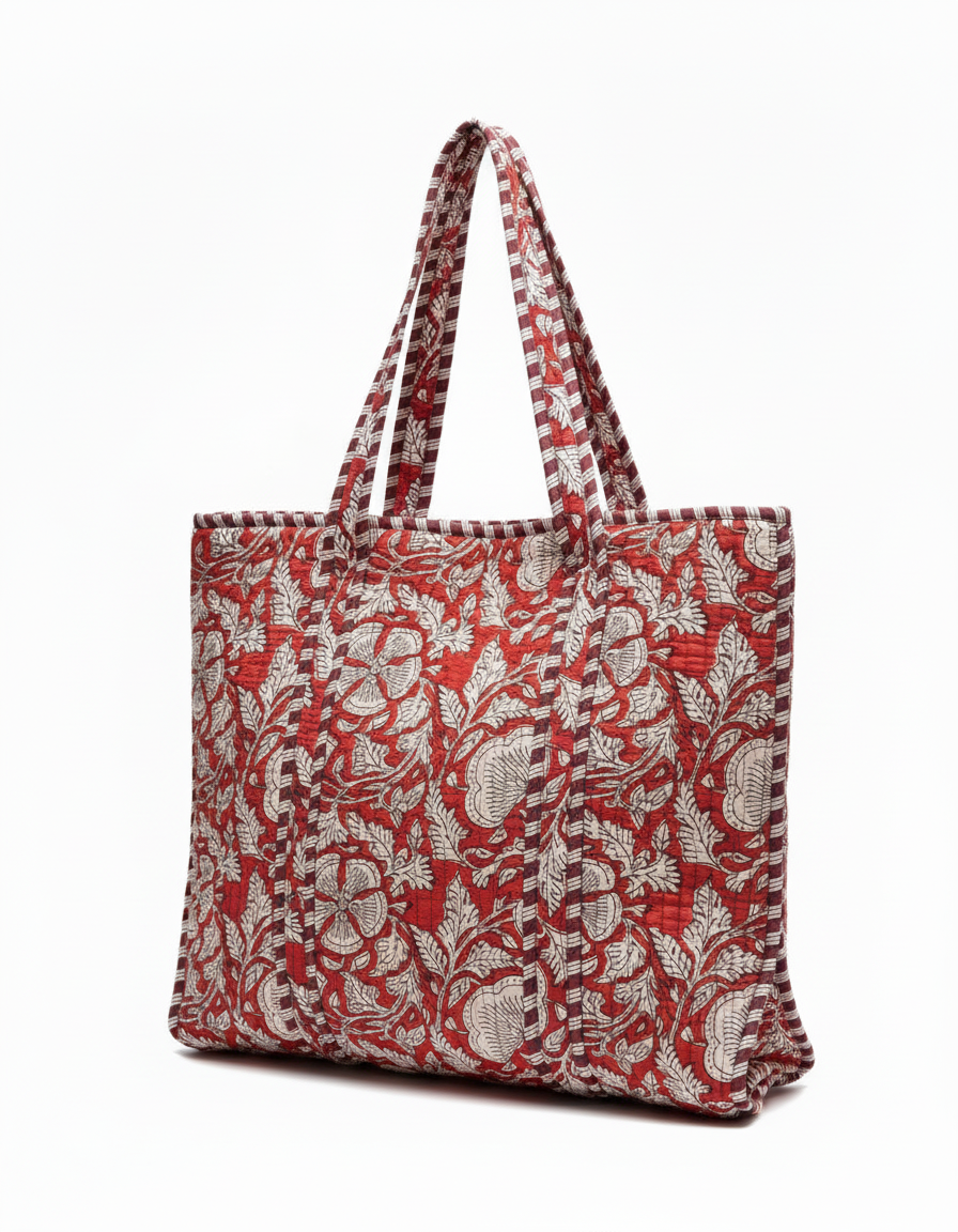 Quilted Cotton Zipper Tote, Red & Maroon Bloom
